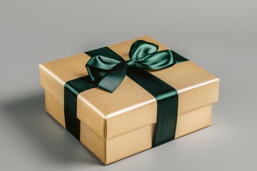 A golden gift box adorned with a dark green ribbon, perfect for special occasions.