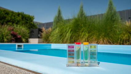 A pool water testing kit with pH and chlorine levels is placed on the pool's edge, with a soft-focus green backdrop.