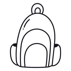 Cute doodle kids schoolbag. Back to school rucksack full of school supplies. Outline hand drawn backpack for children, students. Isolated childish illustration