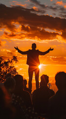 Fototapeta premium Motivational Speaker Delivering Inspiring Sunset Speech 