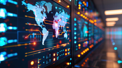 High-tech digital world map on a data server background, showcasing global connectivity and network technology.