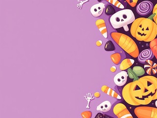 Obraz premium Whimsical candy shop pastel purple background with colorful Halloween treats like candy corn jack-o-lantern chocolates and skeleton-shaped candies