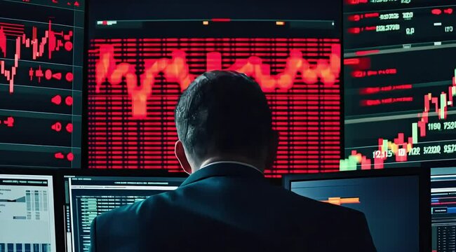A distressed stock trader grapples with the sudden collapse of the market, overwhelmed by negative ticker information and alarming red graphs reflecting the financial crisis in real-time.
