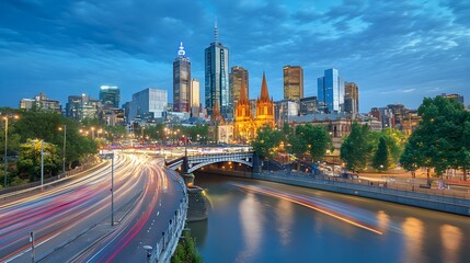 Naklejka premium Spectacular Nighttime Cityscape with Illuminated Skyline and Reflective River