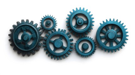 Interlocking Blue Metal Gears on a White Background
