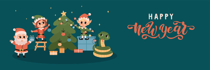 Happy New Year 2025. Horizontal banner. Cute green snake. Elves decorate Christmas tree with ornaments and light bulbs. Santa Claus helper. Kawaii characters. Vector illustration.