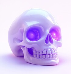 Glossy white skull with glowing purple eyes on a gradient background