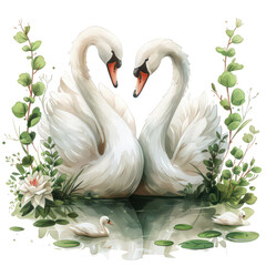 Obraz premium Two white swans with their necks intertwined, lovingly gazing at each other in a peaceful pond surrounded by lush green foliage and lily pads