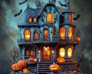 Whimsical Halloween hotel statue cozy yet eerie with ghostly decorations pumpkins glowing at the door and bats perched on the balconies