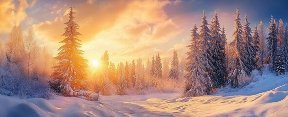 Naklejka premium Winter Sunrise Forest.