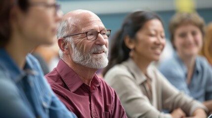 Fototapeta premium Mature adults attending a continuing education class, engaging in discussions and sharing experiences