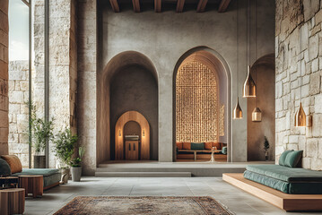 Fototapeta premium Modern Minimalist with Traditional Influences , the design embrace natural light and views of the sea.Blending historical and contemporary elements