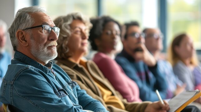 A group of seniors attending a health education seminar, asking questions and taking notes