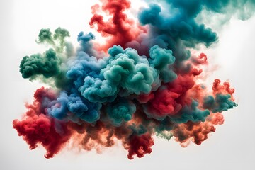 Fototapeta premium A vivid explosion of multicolored smoke including reds greens and blues spreading across a white, Ai generated
