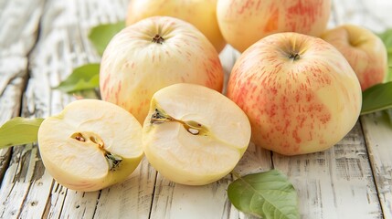 Obraz premium Fresh sugar apples including some halved revealing the creamy white interior displayed on a light wooden surface with green leaves for visual appeal