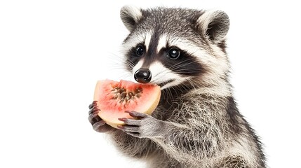 Obraz premium Mischievous Raccoon Holding Piece of Fruit on White Background