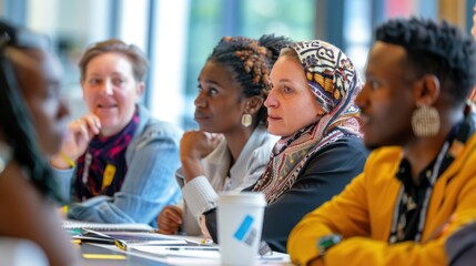 A diverse group of adult learners in a workshop, engaging in group activities and discussions