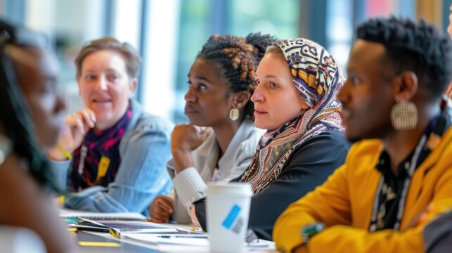 A diverse group of adult learners in a workshop, engaging in group activities and discussions