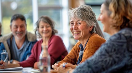 A group of adult learners participating in a workshop, with the teacher guiding them through activities and discussions