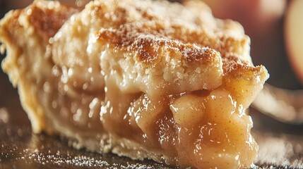   A close-up of a pie with powdered sugar on top and an apple in the background