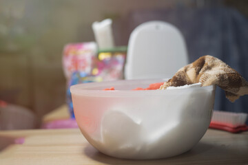 Plastic basin with cloth and washing equipment or cleaning
