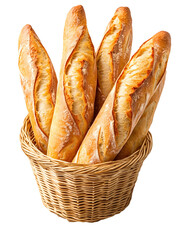 Freshly Baked French Baguettes in Wicker Basket on Transparent Background