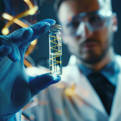 Genetics research. Scientist holding vial with liquid and illustration of DNA structure