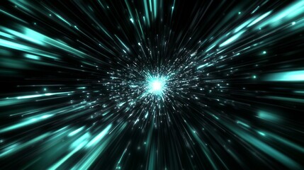 Naklejka premium A futuristic light tunnel abstract background with a bright white star explosion. Light speed, black green and cyan light beams flying fast from center to edges of screen.