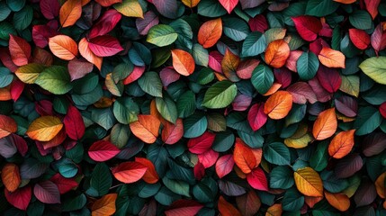 Colorful Autumn Leaves on Green Wall Texture Background - Top View Fall Foliage Pattern. AI generated illustration