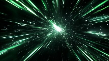 A futuristic light tunnel abstract background with a bright white star explosion. Light speed, black green and cyan light beams flying fast from center to edges of screen.