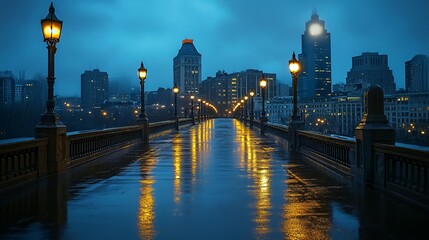 Fototapeta premium A serene cityscape at dusk, featuring a bridge illuminated by streetlights on a rainy night.
