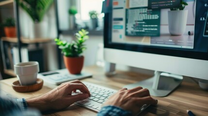 An adult studying online course material on a computer at home, surrounded by study aids