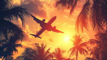 Sunset Airplane Palm Trees.
