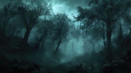 Obraz premium A dark, mysterious forest with fog rolling in, creating an eerie atmosphere with towering, shadowy trees.