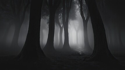 A dark, mysterious forest with fog rolling in, creating an eerie atmosphere with towering, shadowy trees.