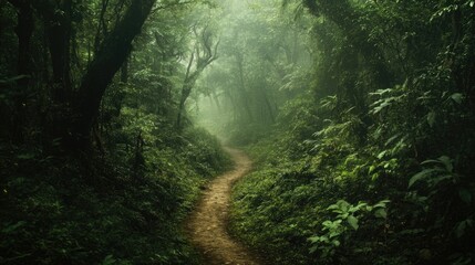 Fototapeta premium A dense, lush green forest with a narrow dirt path winding through the trees, leading into the unknown.