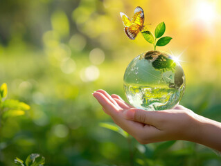 Earth crystal glass globe ball and growing tree in human hand, flying yellow butterfly on green sunny background. Saving environment, save clean planet, ecology concept