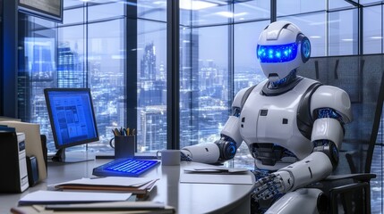 Computer-using robot, Artificial intelligence era, High-tech office, virtual reality, cyber era