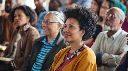 A diverse group of adults in a seminar, participating in discussions and taking notes