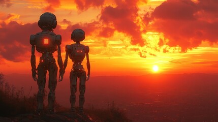 Fototapeta premium Two robots watching the sunset