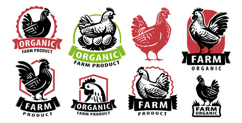 Chicken meat, eggs set of emblems and logos. Set of labels for packaging of organic farm products © ~ Bitter ~