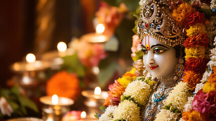 Close up of a beautifully decorated Krishna statue with fine details, surrounded by offerings such as colorful flowers and candles