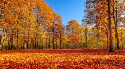 A forest in autumn, with vibrant orange, yellow, and red leaves covering the ground and trees, under a clear blue sky.
