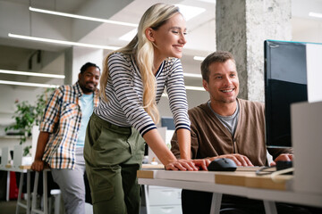 Software engineers working on project and programming in company. Startup business group concept