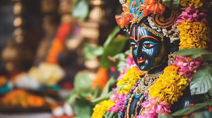 Close up of a beautifully decorated Krishna statue with fine details, surrounded by offerings such as colorful flowers and candles