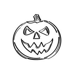 An illustration showing a black scary pumpkin icon on a white background. For Halloween