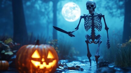 A spooky skeleton figure holding a weapon walks on moonlight night with pumkin. Spooky haunted halloween background, Halloween illustration for poster design