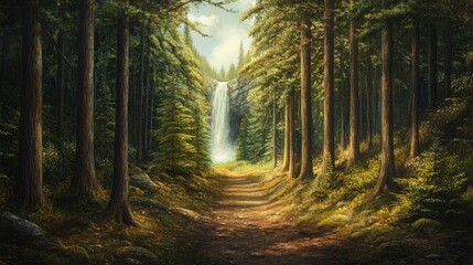 A forest trail lined with tall pine trees, leading to a hidden waterfall in the distance, under a bright sky.