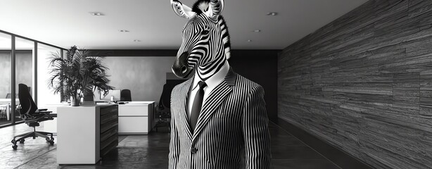 A surreal image of a businessman with a zebra head, blending nature and corporate environments in black and white.