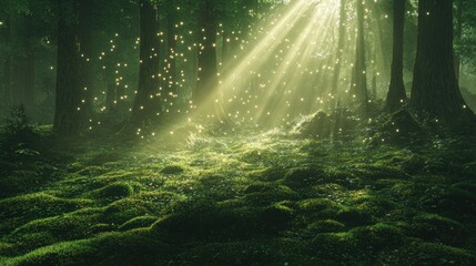 A magical forest with ethereal light beams shining down on a moss-covered forest floor, creating an enchanting atmosphere.